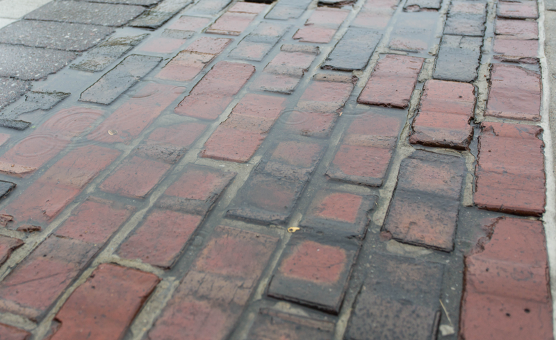 Rain-soaked Yard of Bricks.